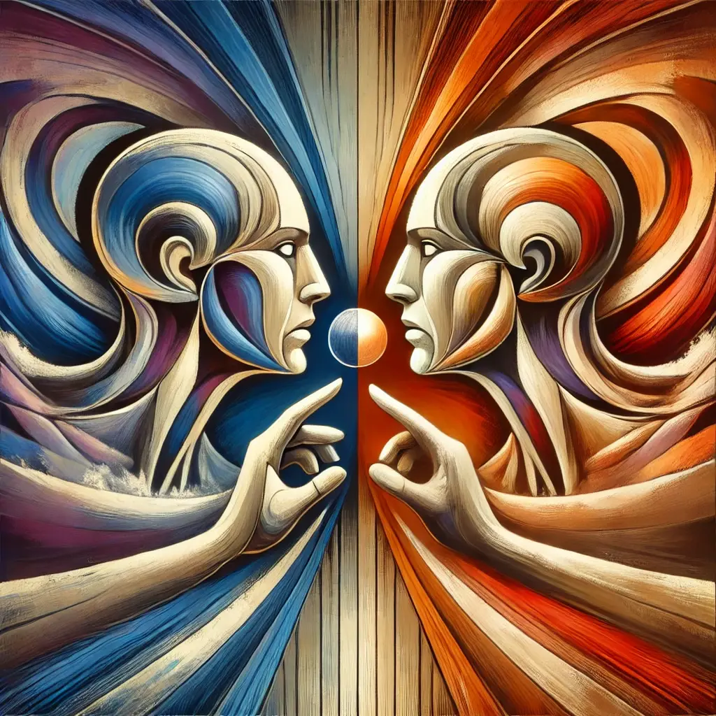 Dallc2b7e 2024 08 03 22.44.59 an abstract representation of rene girards theory of mimetic desire with high contrast. the image should depict two human figures facing each other w
