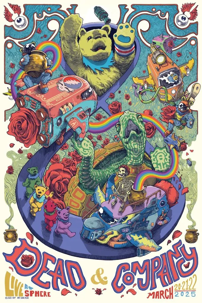 A colorful psychedelic poster for Dead & Company featuring vibrant characters like a bear, a turtle, and dancing skeletons, with roses and whimsical elements surrounding the text 'Dead & Company' and concert details.