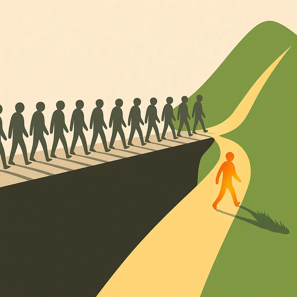An illustration showing a line of grey figures walking along a bridge, with one orange figure stepping off the bridge onto a separate path that leads up a green hill.
