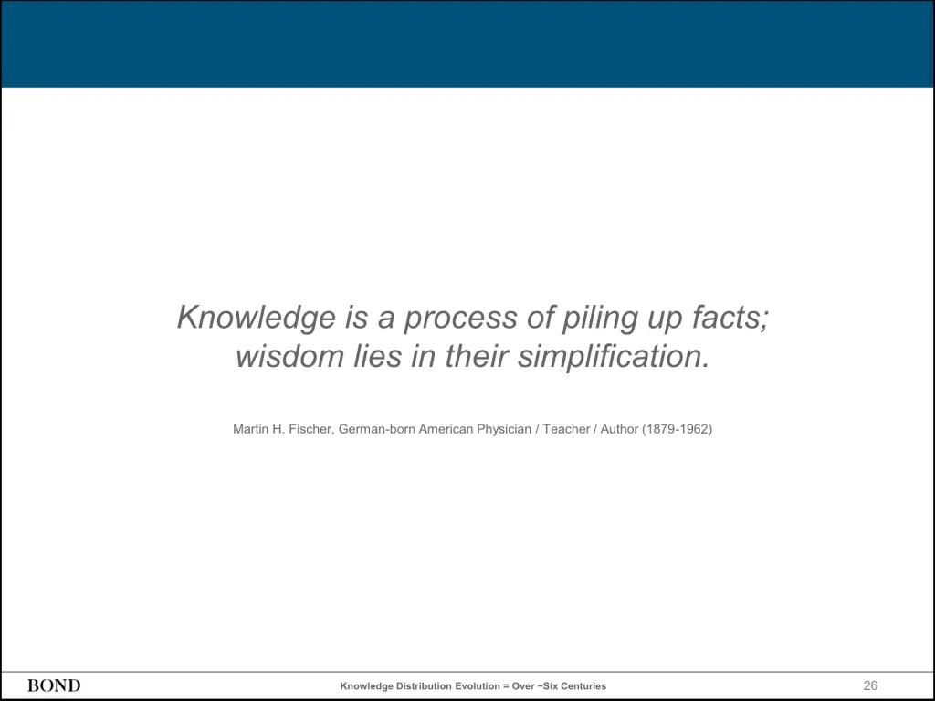 Slide featuring a quote by Martin H. Fischer: 'Knowledge is a process of piling up facts; wisdom lies in their simplification.' The slide is attributed to BOND and highlights the theme of knowledge distribution over six centuries.
