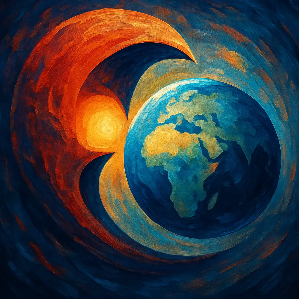 An abstract depiction of the Earth being engulfed by a colorful, swirling cosmic force, symbolizing disruption and transformation.