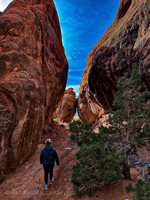 A person walking through a narrow canyon surrounded by large rock formations and a vibrant blue sky.